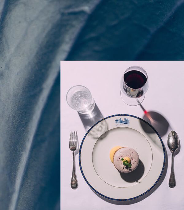 Plat gastronomique avec verre de vin vu du dessus